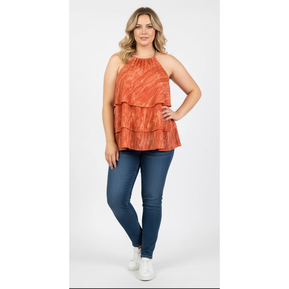 Plus Size Tiered Halter Tank Top - Rust Orange